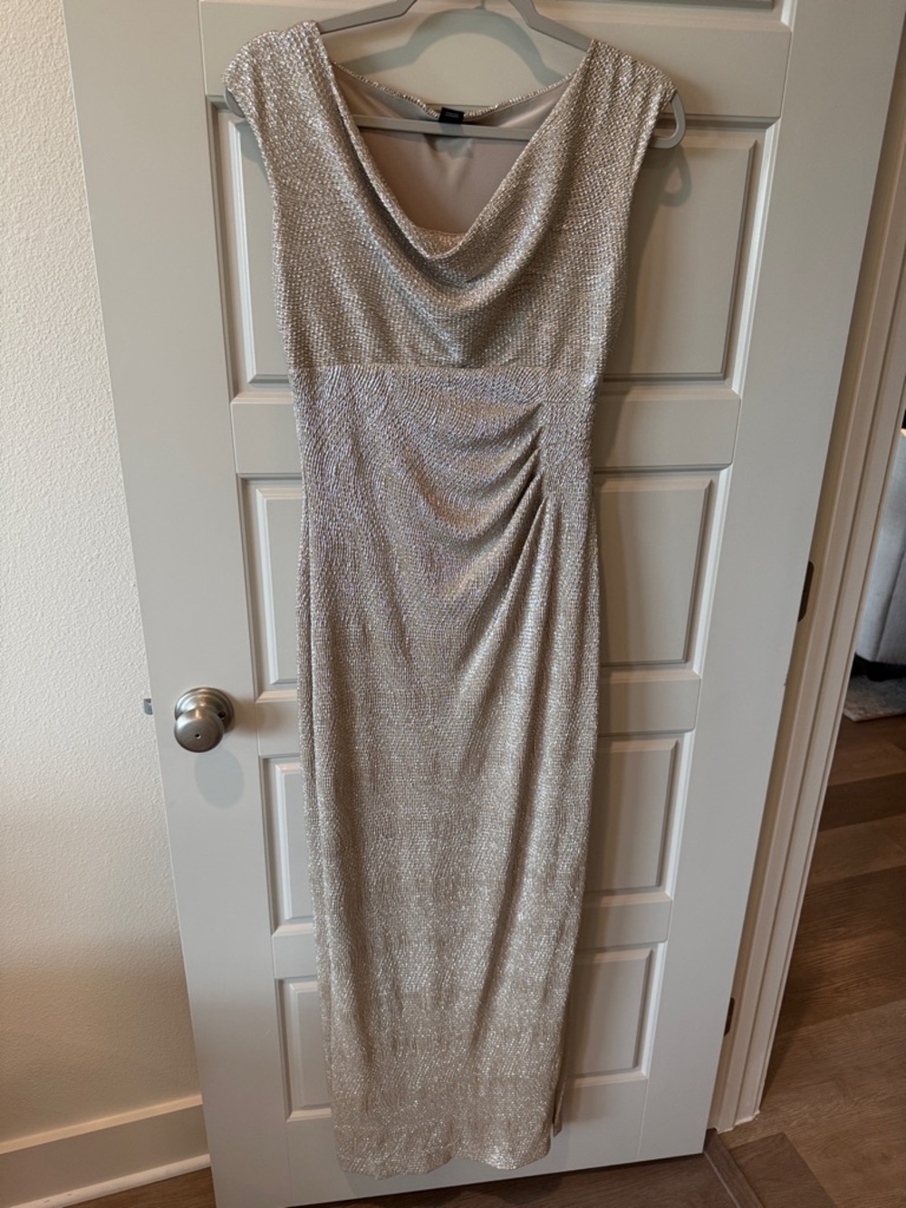 Lauren Ralph Lauren Taupe/Silver Sheath Evening Dress with Cowl Neck
